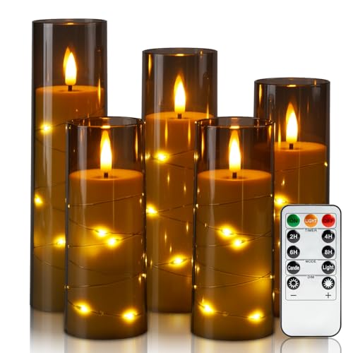 Homemory Flameless Candles with Star String Fairy Lights, Battery Operated Candles, LED Candle, Fake Candles with Remote Control and Timer, Modern Home Decor, Grey, Set of 5 - color: Grey-5pcs, size: 5pcs, D2.2"x H5"5"6"7"8"