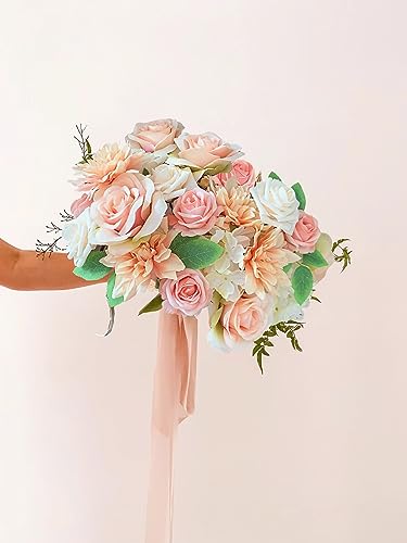 FACINOC Roses Artificial Flowers Peach Bouquet Box Set Fake Flower for DIY Bridal Wedding Shower Decorations Table Centerpieces Faux Silk Floral Arrangement for Party Home Decor Indoor Pink - color: P (Peach, Pink)