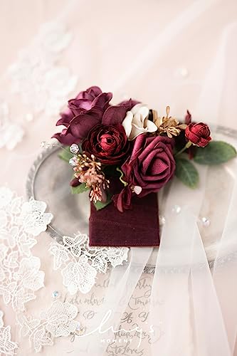 Ling's moment Pocket Boutonniere Single, Boutonniere for Men Groom for Wedding, Prom, Homecoming, Anniversary, Graduation, etc.Burgundy Marsala, 6" W x 5" H - color: Red-burgundy & Marsala, size: 6" W x 5" H