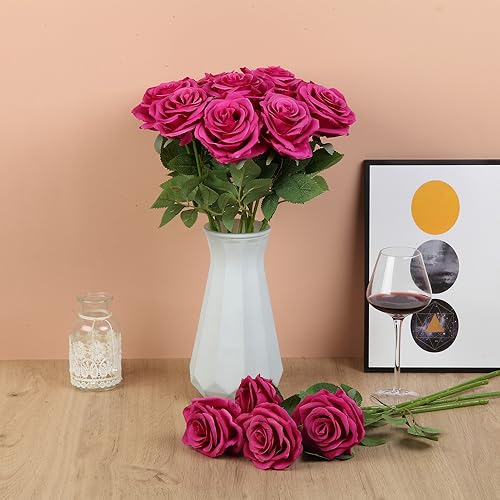 15pcs Fake Roses Artificial Silk Flowers Faux Rose Flower Long Stems Bouquet for Arrangement Wedding Centerpiece Party Home Kitchen Decor - color: Magenta