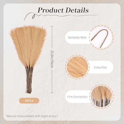 50pcs Khaki Pampas Grass 21.6 Inch Non-Shedding Faux Pampas for Earthy Neutral Home, Boho Weddings and Olive Tone Vase Arrangements - color: Khaki