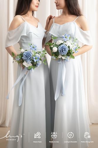 Ling's moment Artificial Bridesmaid Bouquets Set of 6,Dusty Blue Wedding Flower Bouquets Blue Rose Floral Bouquet Bridal Bouquets with Ribbon Ceremony Anniversary,7-inch Diameter - color: Bl-dusty Blue & Cream