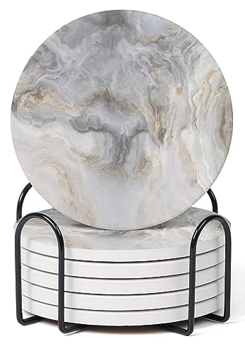 Set of 6 Abstract Gray White Marble Coasters with Holder, Absorbent Ceramic Coasters for Drinks, Coasters with Cork Backing for Table Protection, Housewarming Gifts for New Home - color: Abstract Gray White Marble