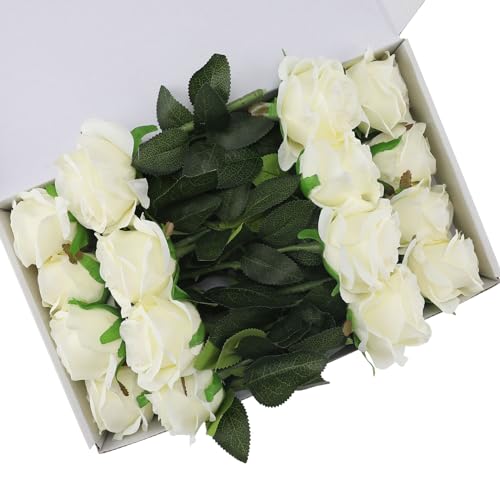 White Fake Roses Artificial Flowers - 16 Pcs Fake Artificial Roses Silk Flowers with Stems for Home Wedding Hotel Office Centerpiece Decor - color: White, size: 16 Pcs