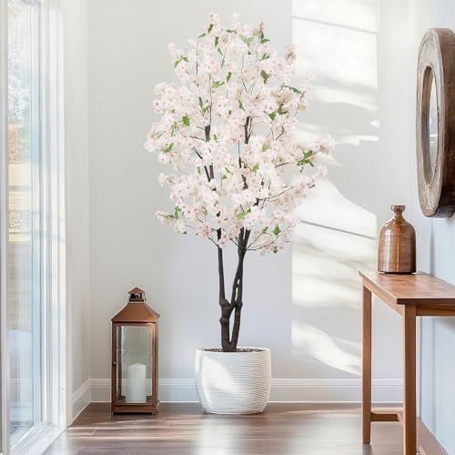 BINCUE Artificial White Cherry Blossom Tree Fake Tree Cherry Blossom Decor Fake Flowers Faux Flowering Tree White Flowers Floral Artificial Plants for Indoors Outdoors Room Home Decor Gift 5.74FT - color: White-08ap