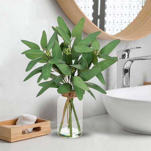 Briful Artificial Eucalyptus Stems in Clear Glass Vase with Faux Water, 14" Fake Plant Eucalyptus Leaves for Home Office Farmhouse Wedding Centerpiece Décor - color: Green Long