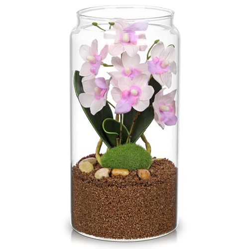 Pink Orchids Artificial Flowers with Vase, Small Faux Orchid Arrangement Fake Orchids Plant in Terrarium Jar Small Pink Orchid Centerpieces for Kitchen Dining Room Tables Bathroom Nightstand Decor - color: Pink + Brown Sand