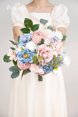Artificial Flower Combination Box Set Artificial Flower Loose Leaves and Stems DIY Wedding Center Bouquet Bride Wedding Baby Shower（Nostalgia Blue Powder） - color: Nostalgia Blue Powder