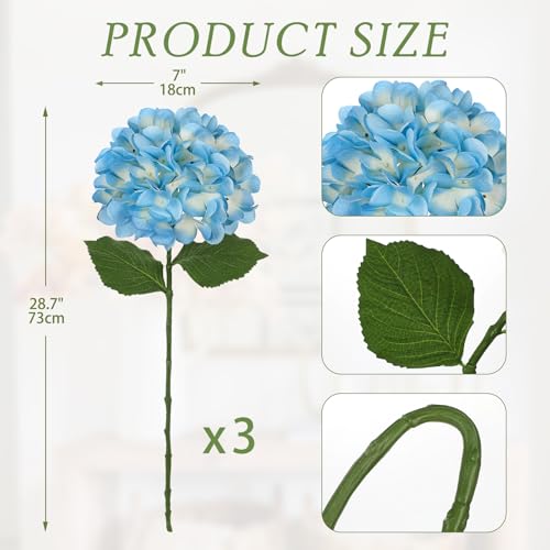 Hollyone 3Pcs Blue Hydrangea Artificial Flowers Real Touch Faux Silk Hydrangeas Flowers with Stem Fake Florals Flower for Home Wedding Table Centerpiece Vase Arrangements Decoration - color: Light Blue