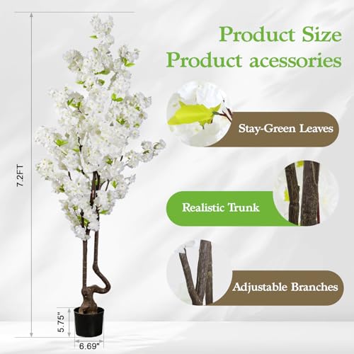 7.2 ft White Artificial Cherry Blossom Tree, Nearly Nature Faux Silk Flower Tree Indoor, Fake Realistic White Flowering Tree for Christmas New Year Home Decor - color: White-ap15