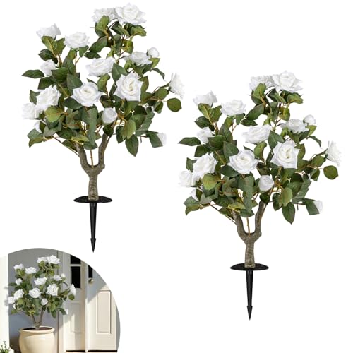 Goplus 2 Pack Artificial Rose Flower Trees, 31.5” Fake Shrub Plants with Spikes, 186 Leaves & 18 White Flowers, Sun-Proof Indoor & Outdoor Silk Floral Topiary Plants for Home Porch Wedding - color: White Rose