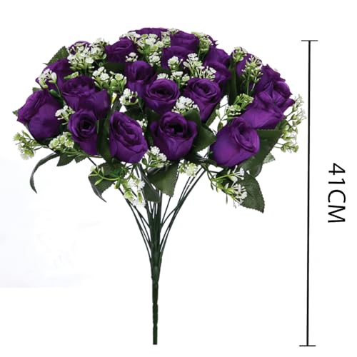 Artificial Purple Roses, 16" Bush with Gyp & Foliage 24 Flower Heads- Wedding Grave Home Decoration & Christmas - color: Purple