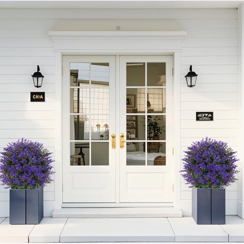 Artificial Lavender Topiary Ball Trees, 2 Set of Boxwood Outdoor Shrubs with Spike, Faux Bushes UV Resistant Fake Plants for Garden Front Porch Indoor Decor - color: Lavender Ball