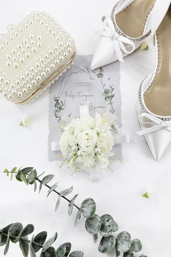 Ivory Rose Corsage and Boutonniere Set, Prom Flower Wrist Corsage Wristlet Band Bracelet, Boutonniere for Men White Wedding Flowers Accessories Prom Suit Decorations - color: Ivroy White