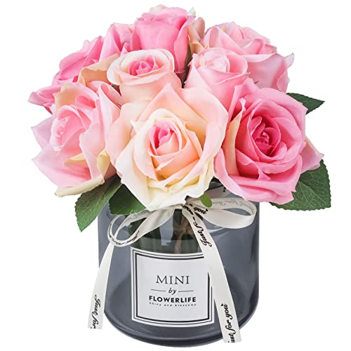 XIAYAN Artificial Flower and Glass vase, Silk Rose Flower Glass Bottle Set, Suitable for Living Room, Dining Table, Office, Wedding, Hotel Banquet and Other Home Decoration. (Pink)……… - color: Pink