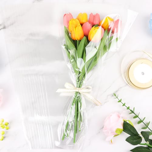 DIYASY 50 Pcs Flower Wrapping Bags for Bouquets, Clear Floral Packing Sleeves with Ribbons Florist Wrap Supplies for Wedding Mother's Day Graduation Gift - color: Clear