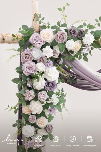Ling's moment Wedding Arch Flowers with Drapes Kit-Pack of 5, 2pcs Flower Arrangements 3pcs Sheer Hanging Drapes White Ceremony Arbor Backdrop Artificial Rose Floral Decorations, Lilac & Purple - color: Prpl-lilac & Sage Purple