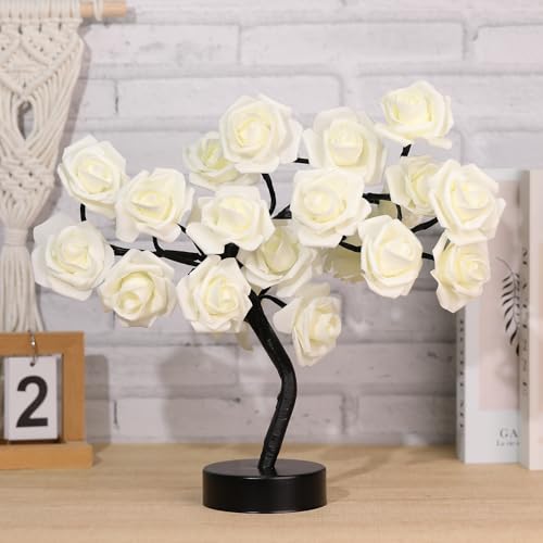 Drawelry Rose Flower Tree Lamp - LED Rose Tree Table Lamp USB/Battery Powered Artificial Bonsai Flower Night Light for Bedroom Living Room Party Wedding Valentines Mothers Day Decor (Cream) - color: Cream
