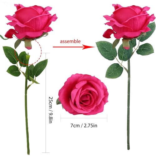 Felice Arts 12 Pack Hot Pink Artificial Roses with Stems Fuschia Silk Rose Fake Flowers for Wedding Bridal Bouquet Vase Table DIY Cake Valentines Decoration Decor - color: Rosered