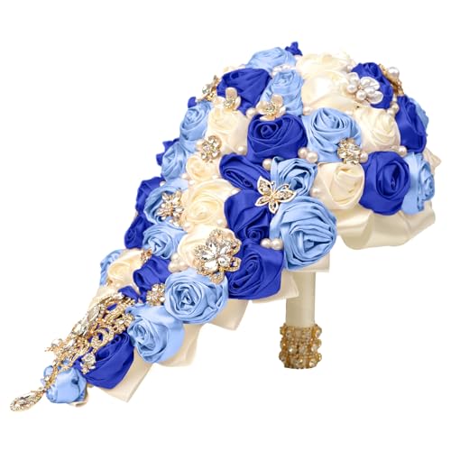 Handmade Satin Rose Water Drop Bridal Bouquet,8.7inch Crystal Wedding Round Tossing Bouquet,Jewelry Proposal Bridesmaid Bouquet Groom Corsage Bride Wrist Flower ivory (07#Ivory Sapphire LightBlue) - color: 07#ivory Sapphire Lightblue