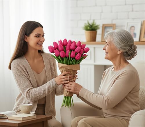 Fuchsia Artificial Tulips Real Touch Fake Flowers, 20 Pcs PU Faux Tulips 13.5", Realistic Tulip Bouquet for Wedding Centerpiece Spring Home Kitchen Dining Table Vase Decoration Easter Decor - color: Fuchsia