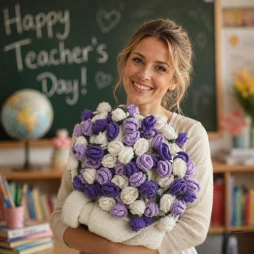 Crochet Flower Bouquet Throw Blanket, Cute Romantic Gift for Her Girlfriend Mom Mother’s Day Valentine Wedding Anniversary Birthday (Purple, 40 inches) - color: Purple, size: 40 inches