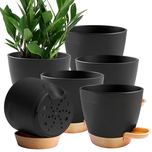 Self Watering Plant Pots with Drainage & Saucers, 6-Pack 7 in - Plastic Flower Pots for Indoor Plants, Succulents & Herbs, Planters for Indoor Outdoor & Balcony (Black) - color: 6pc-7in-black