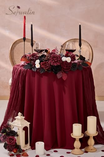 Serwalin Artificial Burgundy Black Flowers, Red Roses Silk Flowers for DIY Wedding Bridal Bouquets, Fake Halloween Black Flowers for Table Centerpieces Baby Shower Birthday Party Home Decorations - color: A Black Burgundy, size: 1 Box