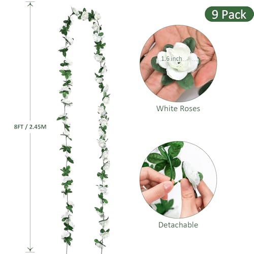 KHOYIME 9 Pack 72 FT Artificial Flower Garland, Fake White Roses Vines Silk Flowers Faux Plastic Outdoor Hanging Floral Ivy Garland Decoration for Wedding Arch Bedroom Home Wall Backdrop Room Decor - color: White, size: 9pcs