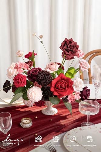 Ling's moment Artificial Wedding Flowers Combo, Fake Greenery for DIY Bouquets Centerpieces Decorations Foam Rose Hydrangea Kit with Stems for Party Home Decor, Burgundy & Powder Pink, Deluxe Combo - color: Burgundy & Powder Pink, size: Deluxe