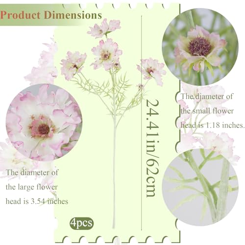 CISDUEO 4 Pcs Artificial Wildflowers Bulk Spring Decor Pink Silk Wild Flowers Fake Cosmos with Long Stems 24" Faux Flowers Arrangements for Wedding Bouquet Table Centerpiece Planter Outdoor Cemetery - color: Pink-2
