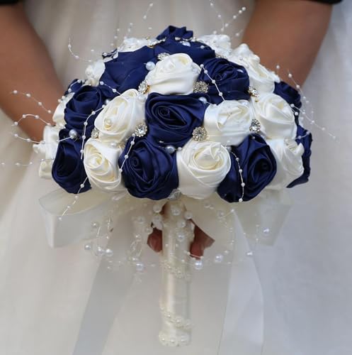 Ujicde Romantic Wedding Bouquet Bridal Bridesmaid Round Bling Brooch Bouquet Throw Toss Artificial Rose Flower Bunch with Sparkle Rhinestone Crystal Decoration(Navy Blue+Ivory,Dia. 6.3"*16cm) - color: Navy Blue+ivory, size: Dia. 6.3"*16cm
