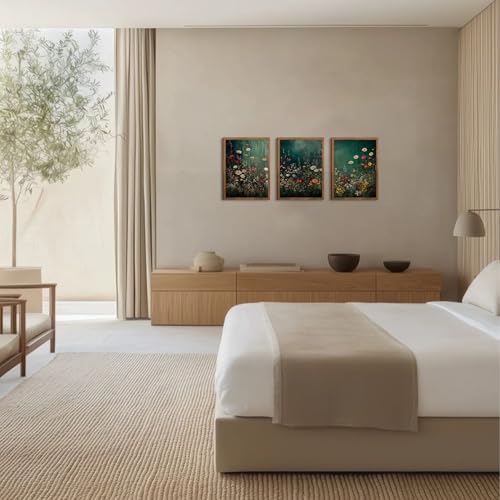 Vintage Wildflower Wall Art Set of 3, Dark Green Flower plant Canvas Prints Wall Decor, Gothic dark style pastoral landscape painting for Living Room Bedroom Farmhouse Home Decor 12x16in Wood Framed - color: Green flowers, size: 16L" x 12W"