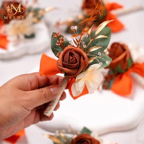 Burnt Orange Terracotta Faux Foam Rose Boutonnieres for Men 6Pcs | Artificial Foam Rose Boutonnieres for Wedding Prom Groom Groomsmen Party Suit Decoration Homecoming Graduation - color: Orange Boutonniere