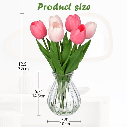 Artificial Tulips Flowers Floral Arrangement - 6 Pcs Faux Flowers in Clear Glass Vase with Faux Water 12.5" Pink & White Ombre Fake Tulip Bouquet Centerpiece for Dining Table Home Wedding Office Decor - color: A-pink&white