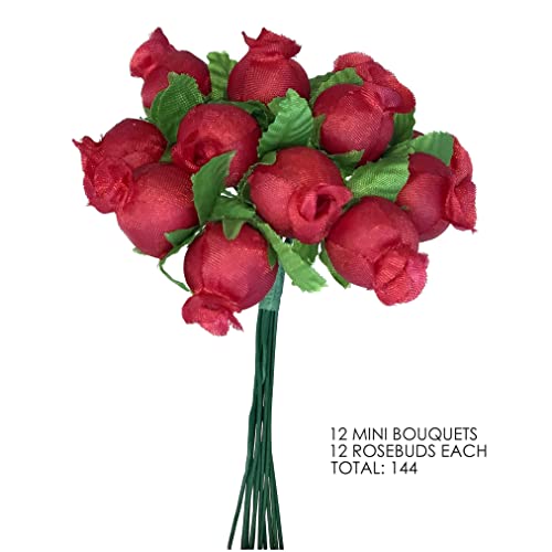 Red Artificial Silk Flower Roses - 12 Mini Bouquets of 12 Rosebuds, 144 Rosebuds Total,4th of July, America 250, Wedding Decor, Bridal Shower Favors, Wreath, Reception Arrangements, Arts and Crafts - color: Red
