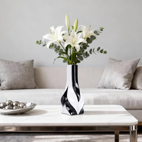 10.6" Black and White Ceramic Vase, Modern Geometric Flower Vase for Dining Table Centerpiece, Elegant Decorative Vase for Pampas Grass, Living Room, Bedroom, Office, Tabletop Decoration - color: Black White
