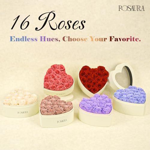 Rosaura Heart-Shaped Preserved Roses Gift Box - Real Forever Flowers for Christmas, Birthday, Valentine's & Mother's Day (red, 16 roses) - color: red, size: 16 roses