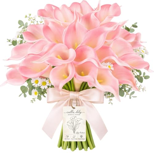 White Calla Lily Artificial Flowers 12/24/30 Pcs with Eucalyptus Leaves and Daisies, Real Touch Faux Calla Lilies Bouquet for Wedding Party Home Decor Memorial Display (Pink, 24PCS) - color: Pink, size: 24PCS