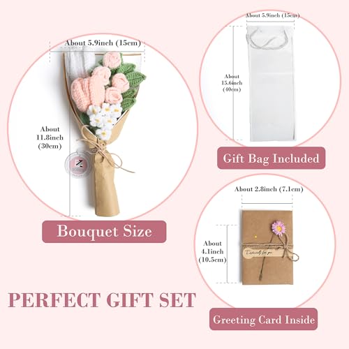 Crochet Flower Bouquet, Handmade Knitted Tulip Faux Crochet Flowers for Home Decor Valentine’s Day Anniversary Weddings Birthdays Mother’s Day, Includes Gift Bag and Greeting Card(Mini Pink) - color: Mini Pink