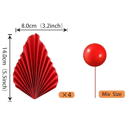 Rsstarxi 28 Pack Paper Palm Fan Cake Topper Balls Cake Topper Mini Balloon DIY Cake Insert Cake Decorations for Baby Shower Wedding Bridal Shower Birthday Party Decorations Red - color: Red