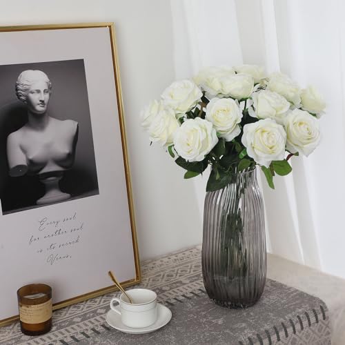 White Fake Roses Artificial Flowers - 16 Pcs Fake Artificial Roses Silk Flowers with Stems for Home Wedding Hotel Office Centerpiece Decor - color: White, size: 16 Pcs