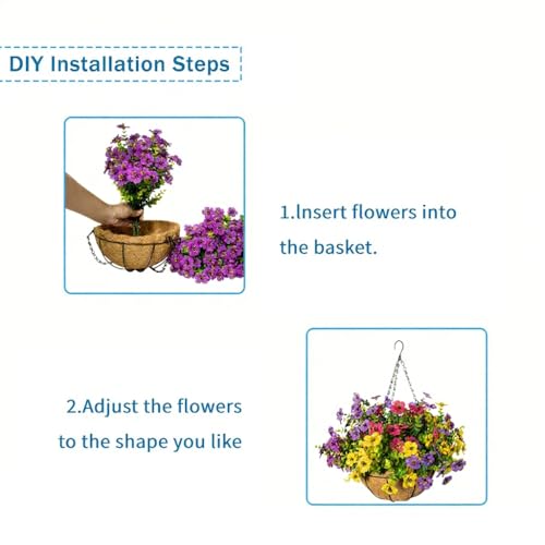 Artificial Hanging Flowers for Outdoors with Basket,UV Resistant Realistic Faux Hanging Plants Outdoor Artificial Flowers for Outdoors Basket for Yard Porch Patio Garden,12 Bundles Mix 4 Colors - color: Fuchsia+rose Red+purple+yellow