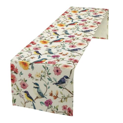 Summer Bird Floral Table Runner,Spring Birds Table Runner Burlap Table Decoration for Seasonal Home Kitchen Dining Dinner Indoor Holiday Farmhouse Decor 13x36 in - color: Bird_10, size: 13x36inch