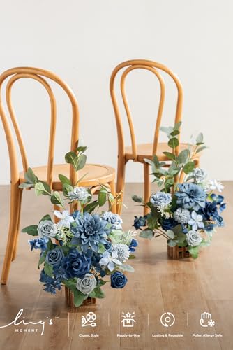 Ling's moment 17.5" Tall Standing Artificial Flowers Arrangements 4pcs Fall Wedding Aisle Runner Chair Decorations Dusty Blue & Navy Centerpieces for Ceremony Reception Rose Floral Party Outdoor - color: Blu-dusty Blue & Navy Blue
