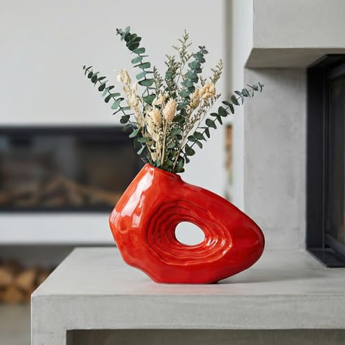 Sunddo Red Ceramic Vase, 7 Inch Small Boho Style Decorative Vases for Flowers, Donut Modern Flower Vase for Home Decor, Art Nordic Aesthetic Vases, Living Room, Desk Decor - color: Red, size: 7 inch