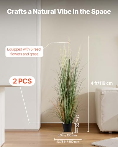 VEVOR Artificial Grass Plant, 2 Pack 47 inch Reed Flower Grass in Pot, Premium PVC Faux Fake Greenery Shrubs Plant for Indoor Outdoor House Home Garden Office Room Décor, Housewarming, Green - color: Reed Flowers and Grass, size: 4FT
