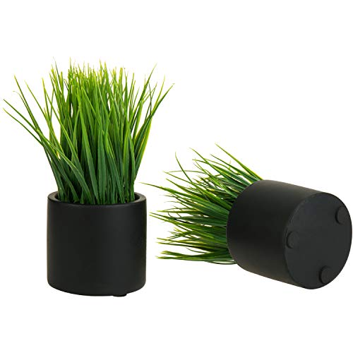 MyGift Tabletop Artificial Grass Plants Decorative Faux Greenery Plant Potted in Modern Cylindrical Black Cement Pots, Set of 2 - color: Black (Round)