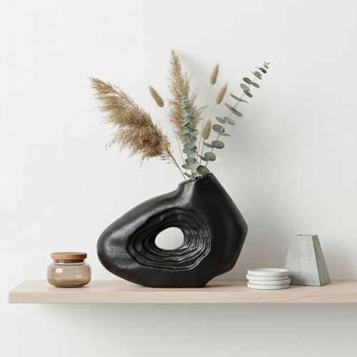 Sunddo 7 Inch Black Ceramic Vase for Modern Home Decor - Donut Vases, Small Boho Style Decorative Vase for Flowers, Bathroom, Wedding, Bedroom, Dining Table, Shelf Centerpiece - color: Black, size: 7 inch