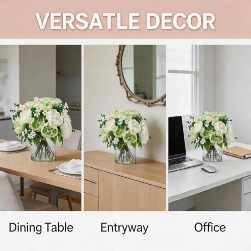Mixed Peonies Artificial Flowers in Glass Vase, Silk Faux Peony Bouquet with Faux Water, Lifelike Fake Flower Arrangement for Home Decor, Wedding Bouquet, Table Centerpiece, Living Room Office - color: Green